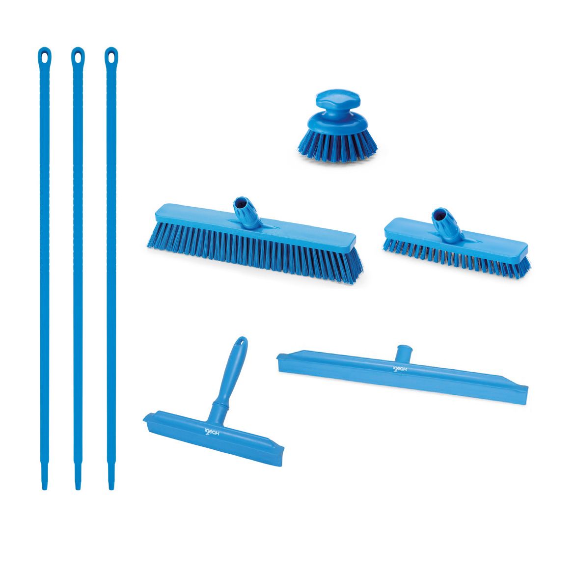 Kit de nettoyage cuisine CHR avec brosse ronde, balais, raclettes et manches haute qualité, haute résistance